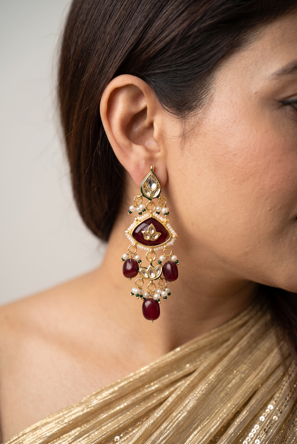 Ruby Kundan Pearl Drop Earrings