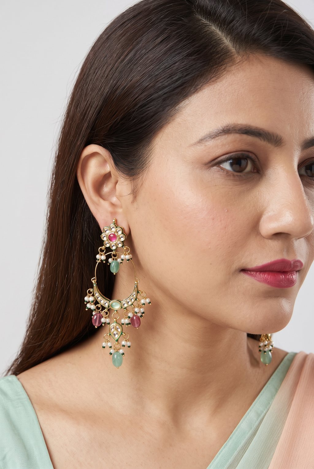 Emerald Ruby Pearl Chandbali Earrings