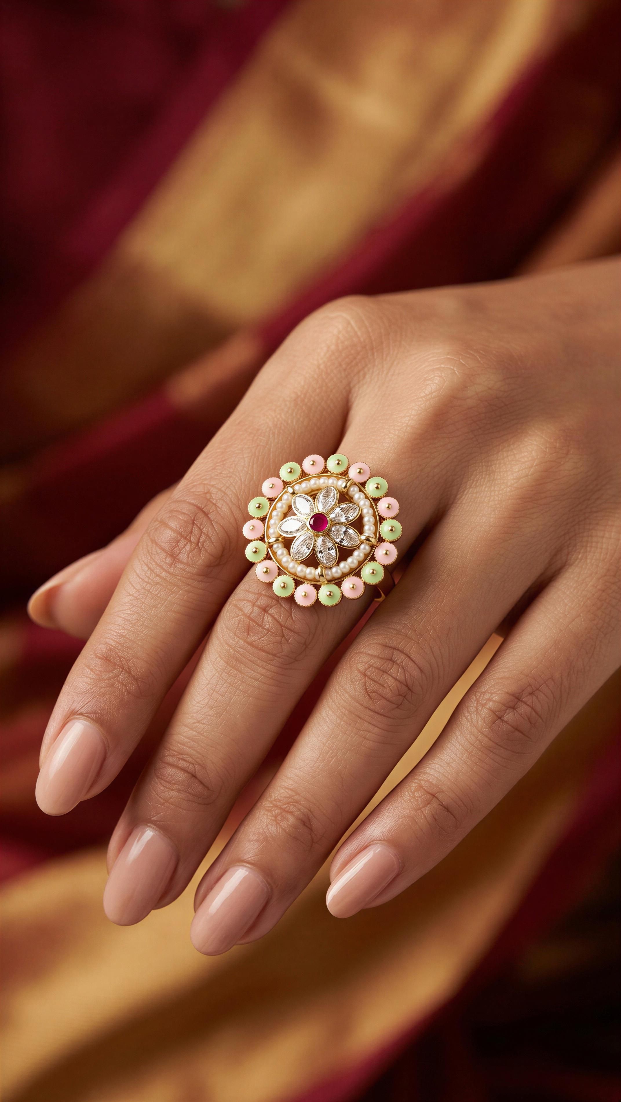 Floral meenakari kundan ring with pearls