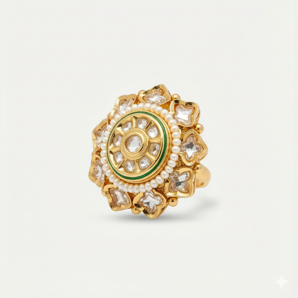 Royal Kundan ring with pearl string.