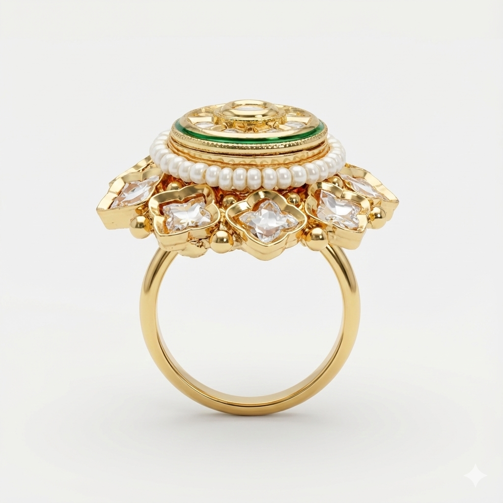 Royal Kundan ring with pearl string.