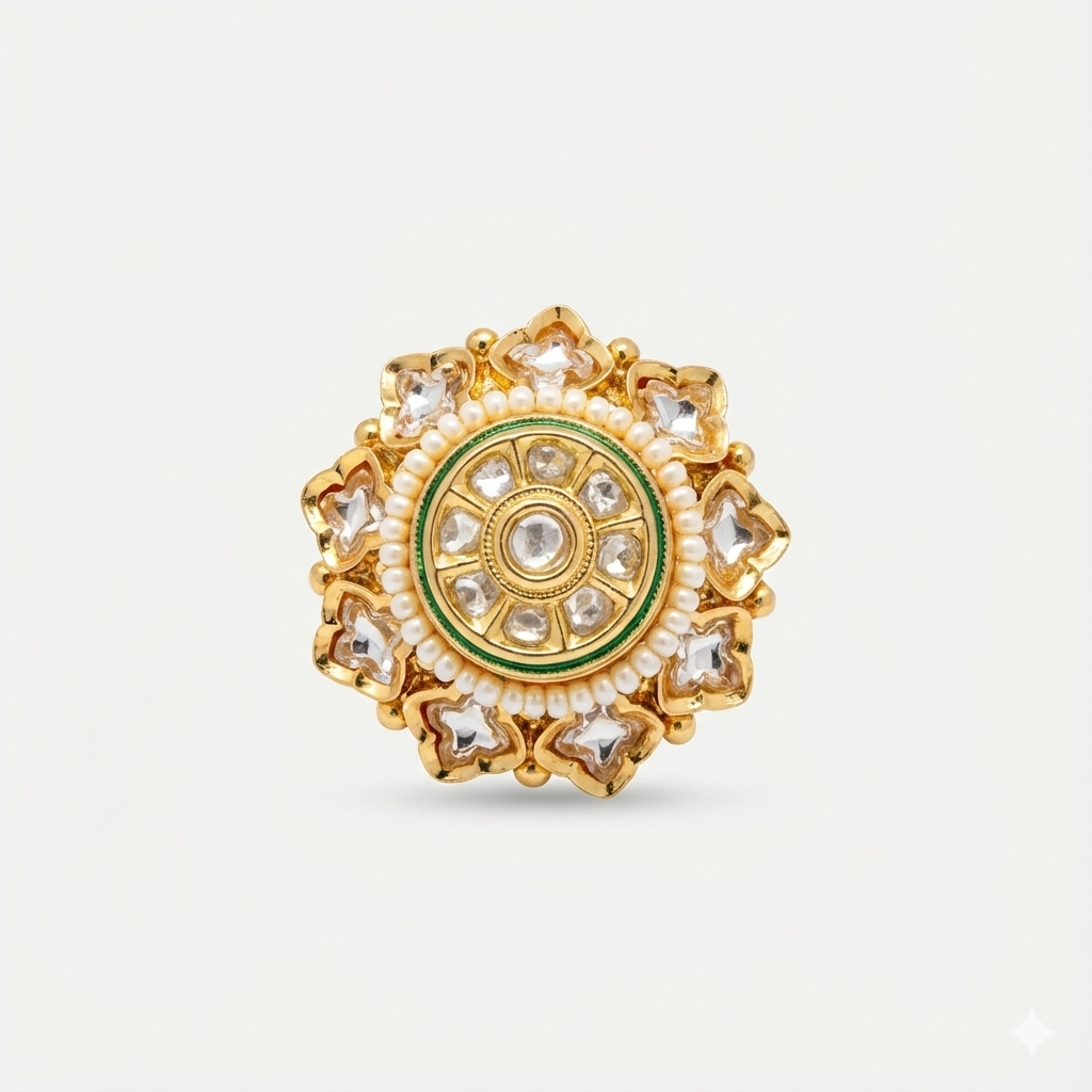 Royal Kundan ring with pearl string.