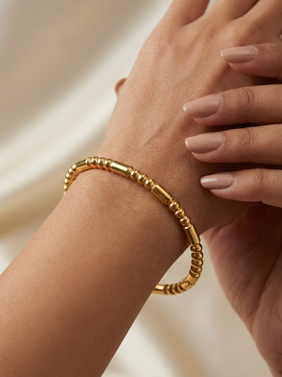 Gold Beaded Barrel Bangle | Anti-tarnish