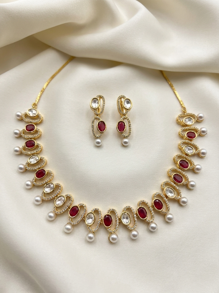 Ruby Moissanite Pearl Necklace Set