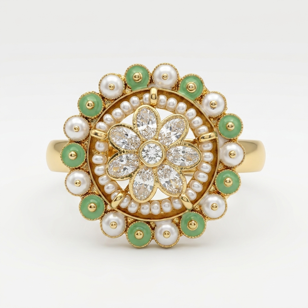 Floral Pearl & Enamel Statement Ring