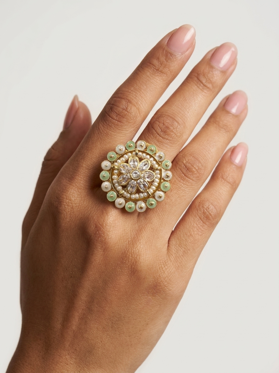Floral Pearl & Enamel Statement Ring