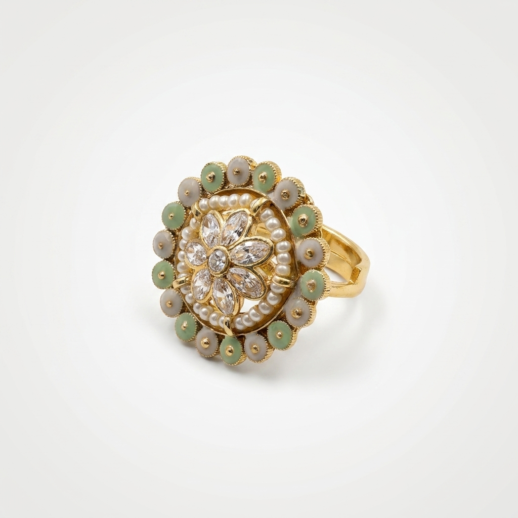 Floral Pearl & Enamel Statement Ring