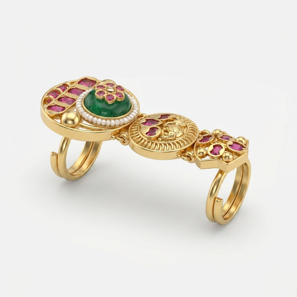 Traditional Ruby Green Stone Full Finger Ring