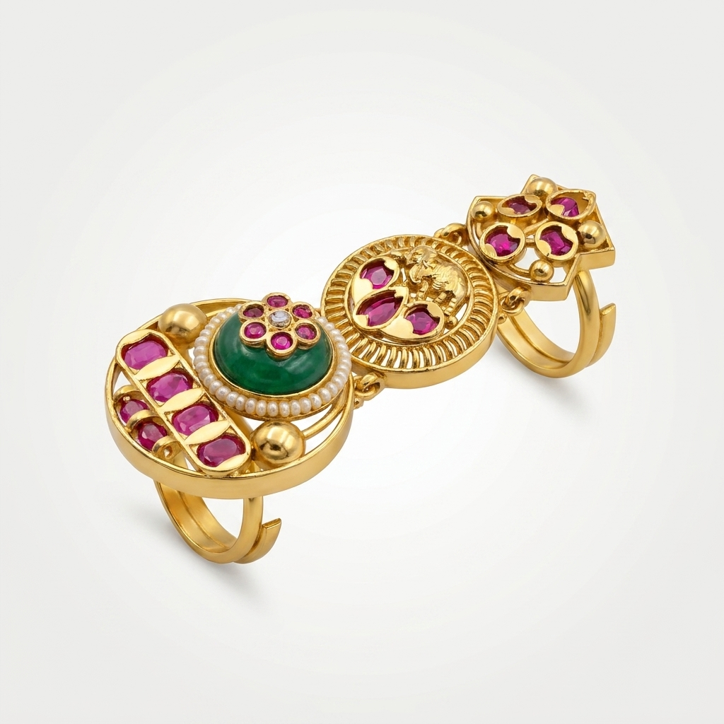 Traditional Ruby Green Stone Full Finger Ring