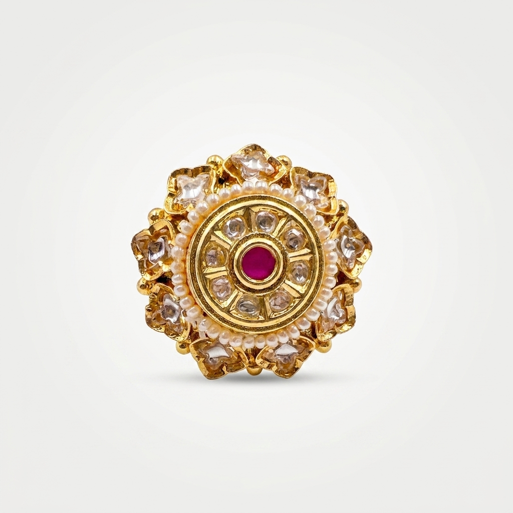 Royal Kundan ring with pearl string.