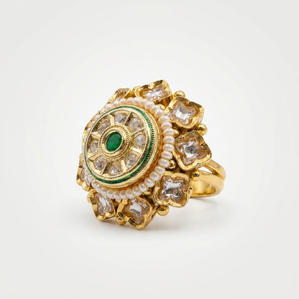 Royal Kundan ring with pearl string.