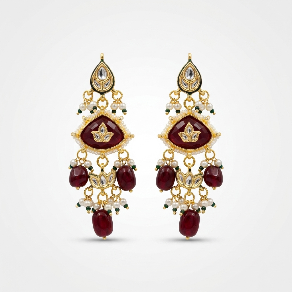 Ruby Kundan Pearl Drop Earrings