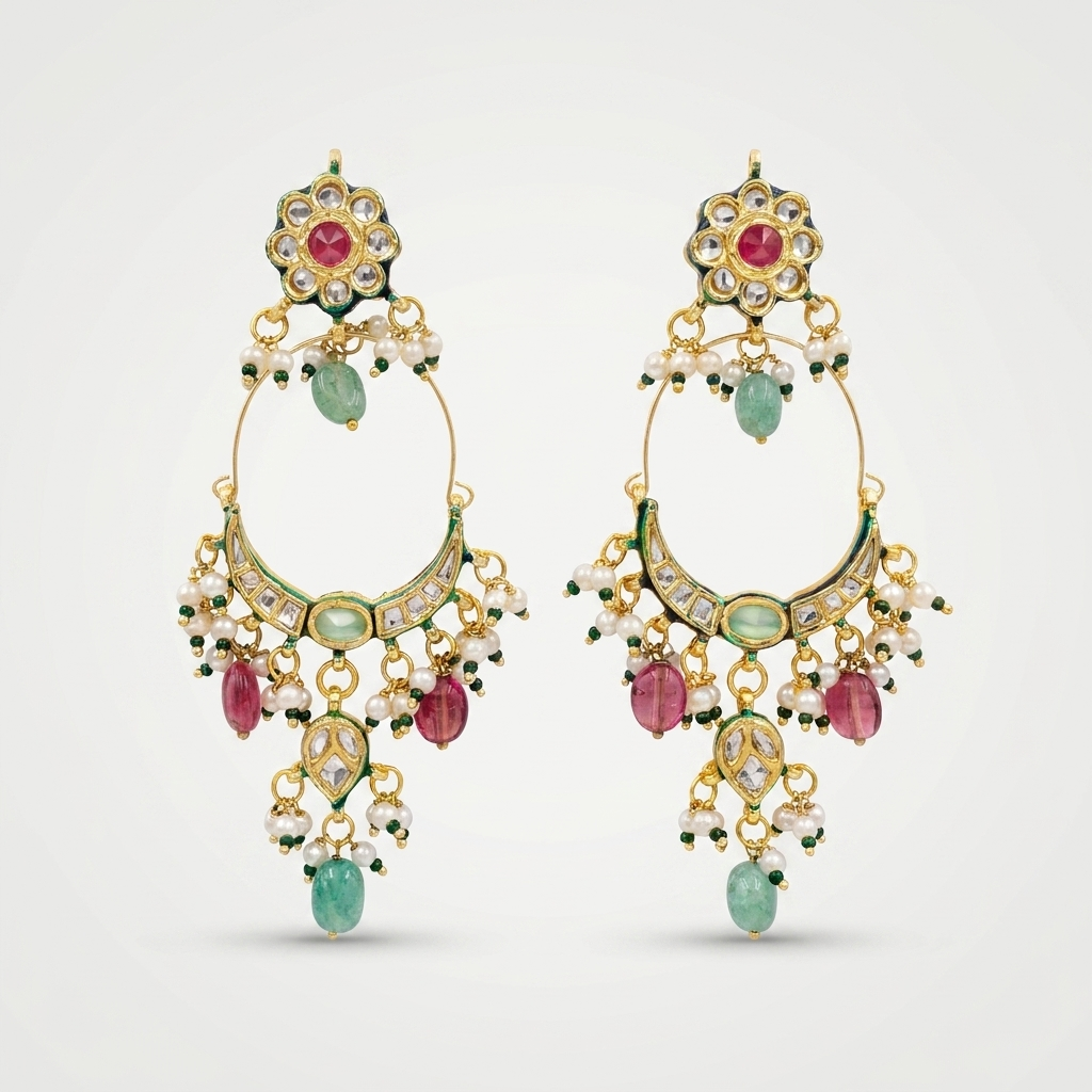 Emerald Ruby Pearl Chandbali Earrings