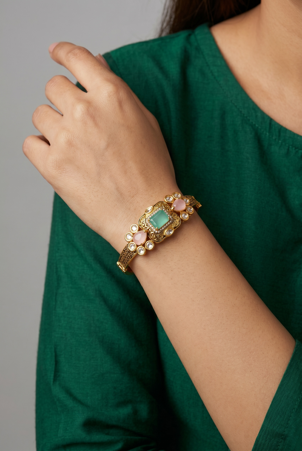 Pastel green and pink stone bracelet in dull gold tone