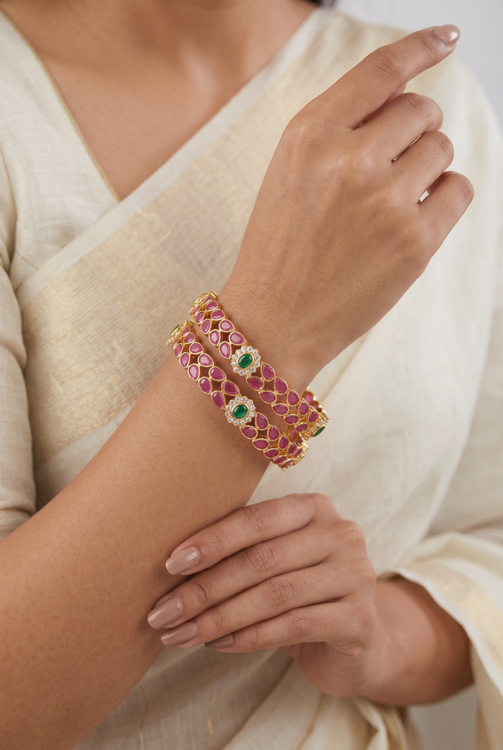 Pink and Green Hues Golden bangles Set of 2