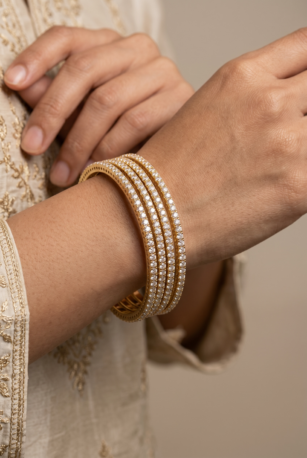American Diamond Zirconia Studded Golden Bangles Set Of 4