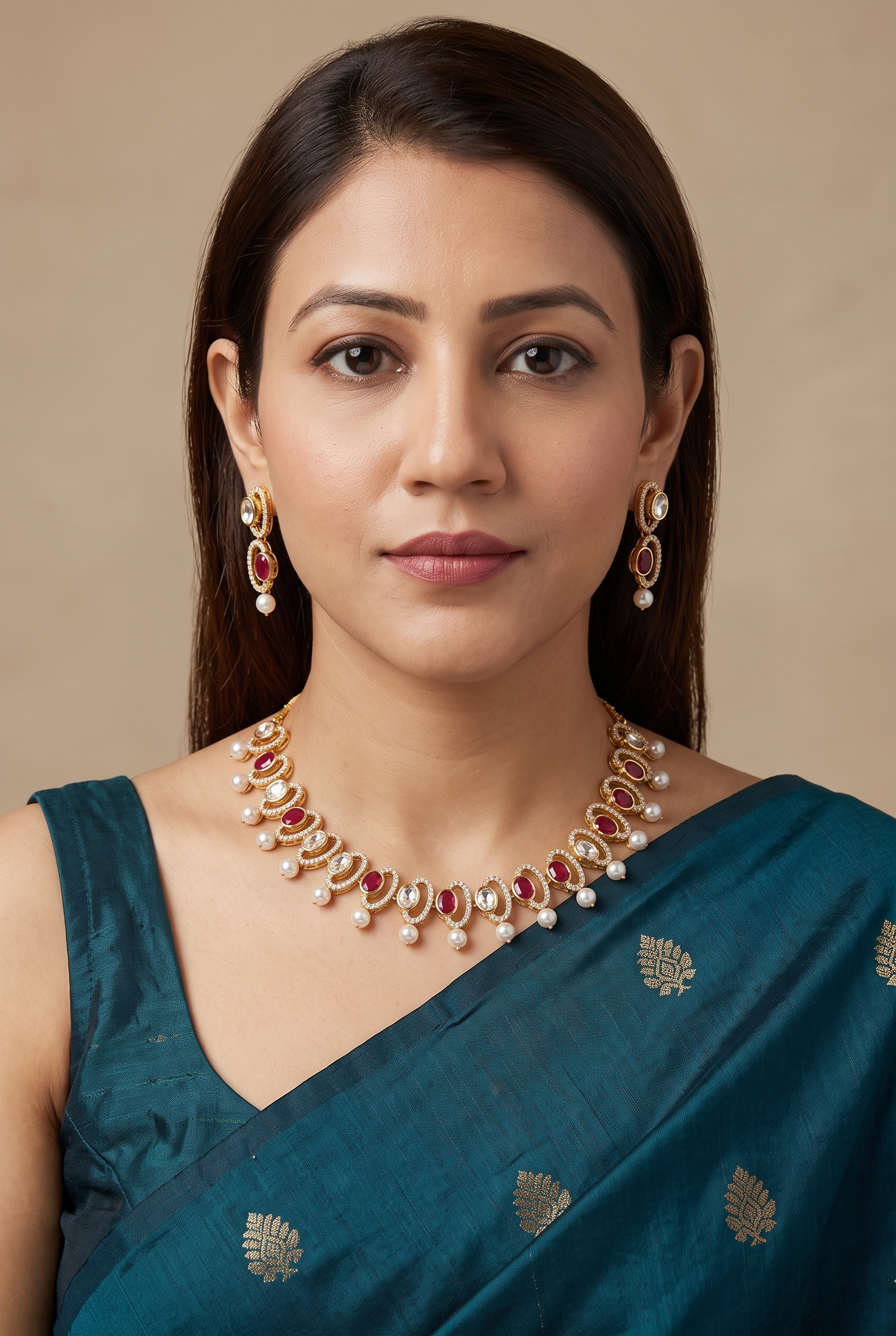 Ruby Moissanite Pearl Necklace Set