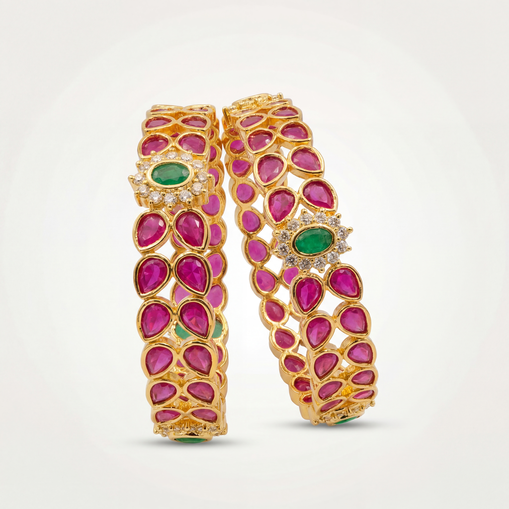 Pink and Green Hues Golden bangles Set of 2