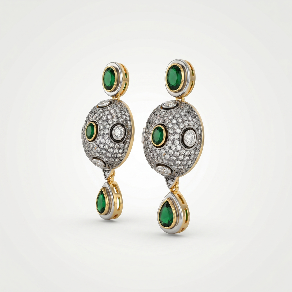 Pair of earrings with green gemstones and gold accents on a white background