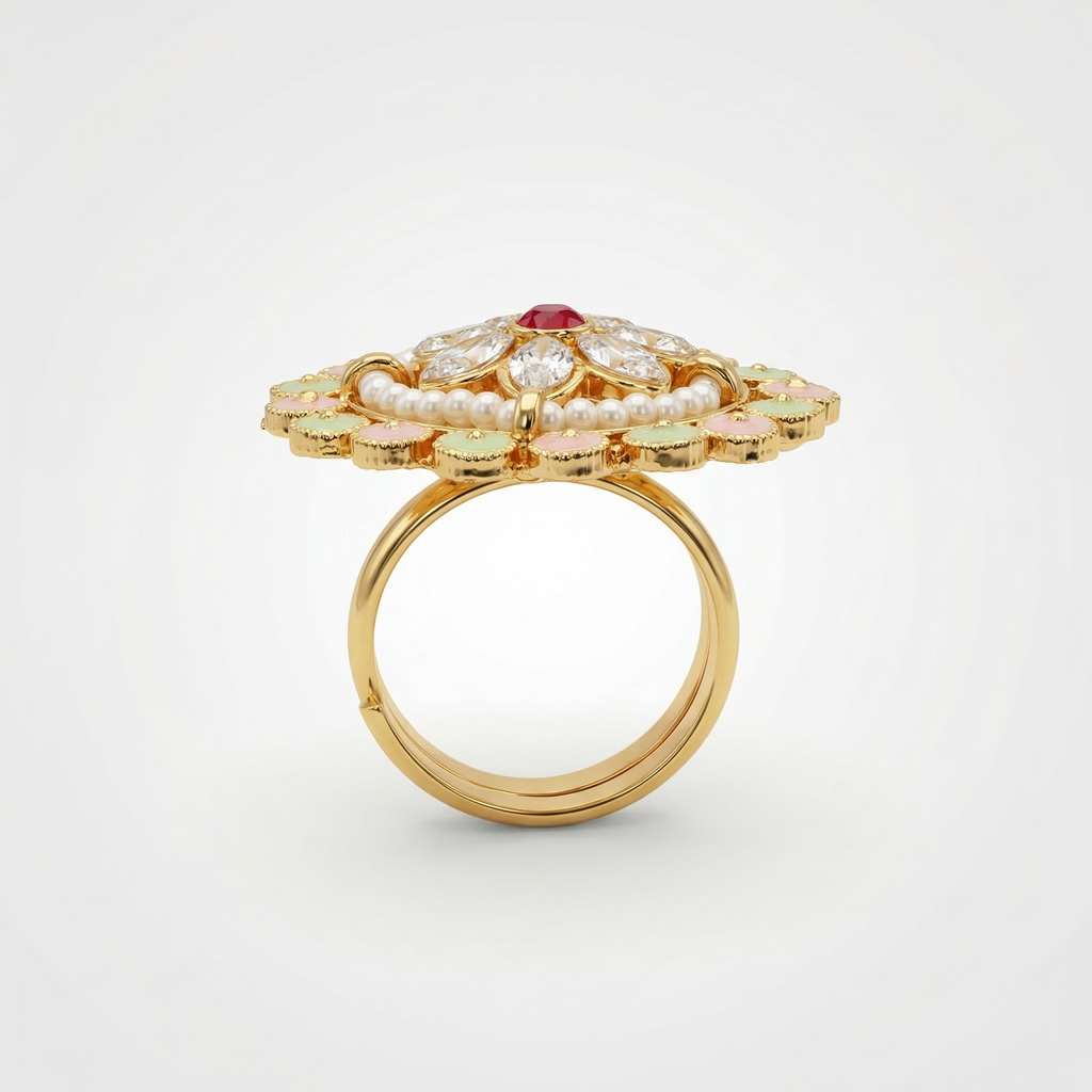 Floral meenakari kundan ring with pearls