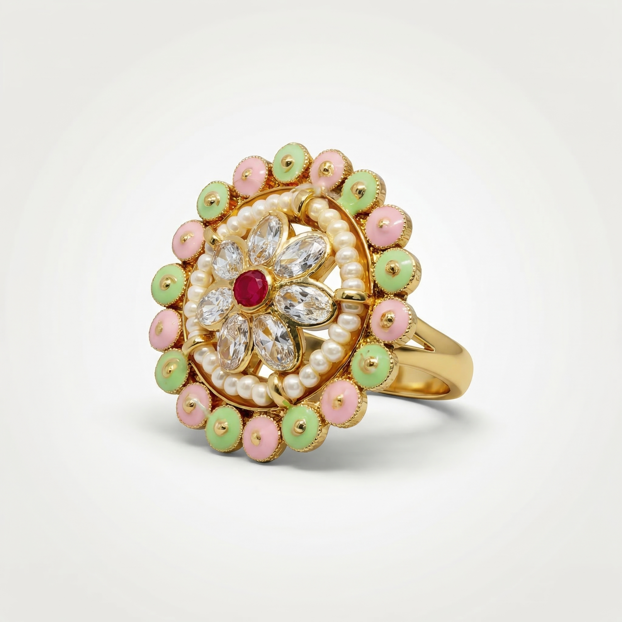 Floral meenakari kundan ring with pearls