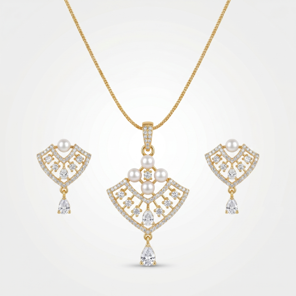 Fan-shaped American Diamond Pendant Set