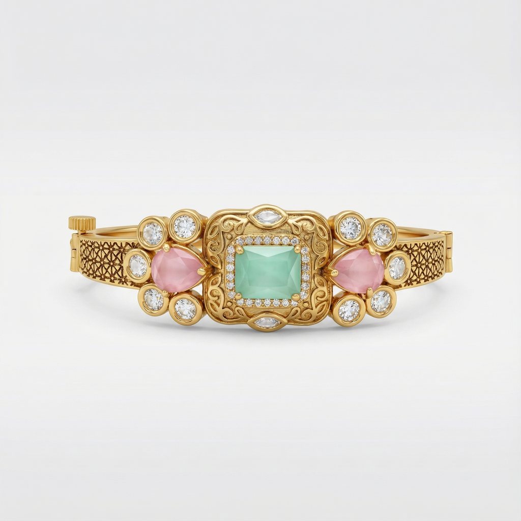 Pastel green and pink stone bracelet in dull gold tone