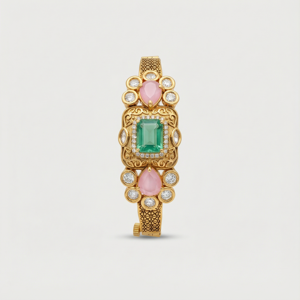 Pastel green and pink stone bracelet in dull gold tone