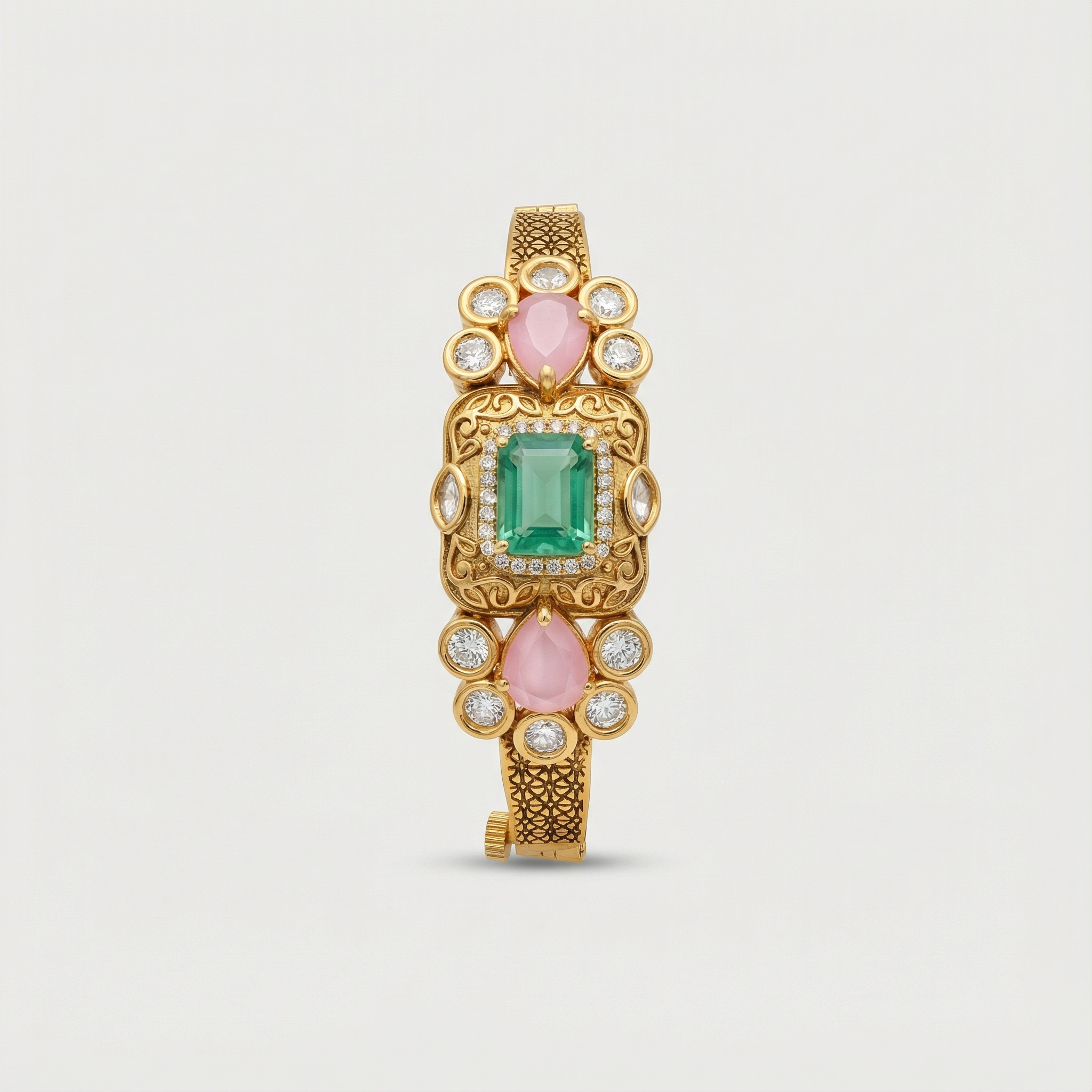Pastel green and pink stone bracelet in dull gold tone