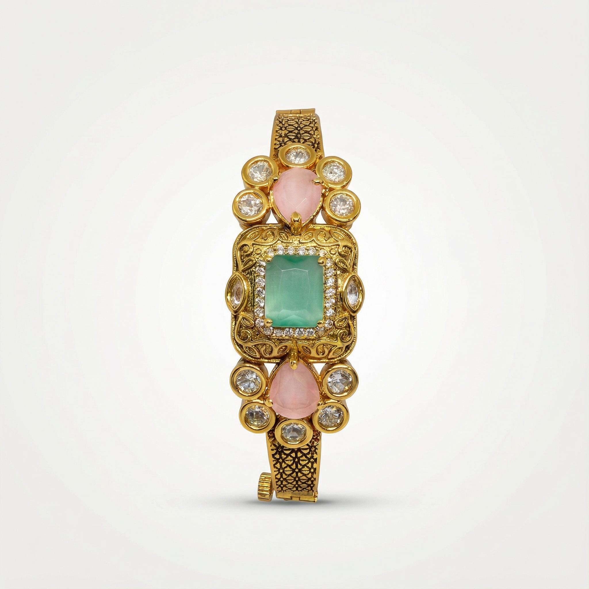 Pastel green and pink stone bracelet in dull gold tone